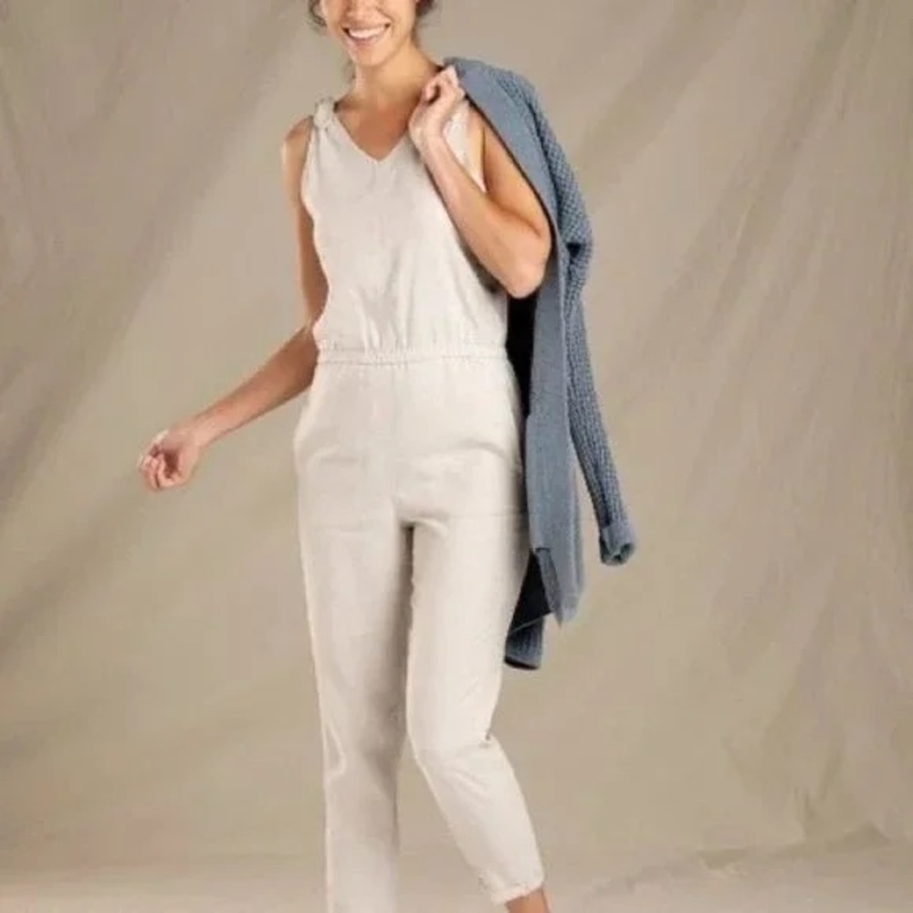 Toad&Co Tara Hemp Jumpsuit Size Small Oatmeal Chambray One Piece Tie Shoulders